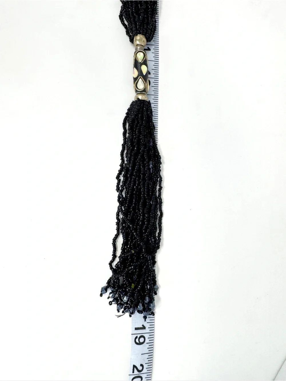 Vintage Ethnic Multi-Strand Black Seed Bead Tassel Necklace- Tribal Inlaid Bone